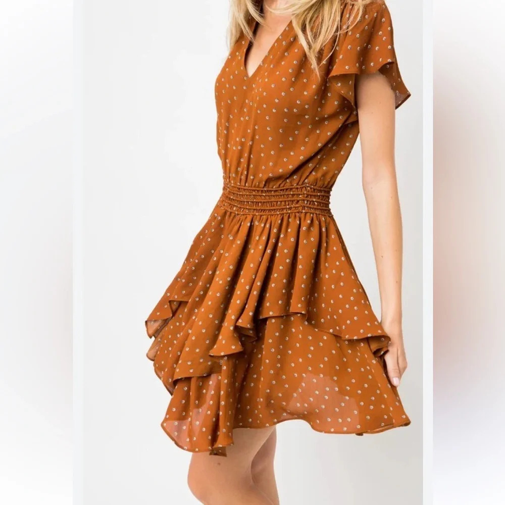 Storia Ruffle Layered Mini Dress in Rust Size Medium New Tiered Mini‎ Dress